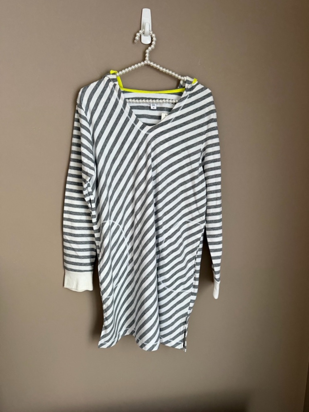 DKNY Sweatshirt Dress Womens Size M Gray Stripes Long Sleeve Hoodie Pockets NWT
